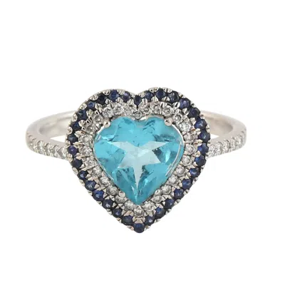 Artisan Women's Natural Apatite And Blue Sapphire Heart Ring With Diamonds In 18k White Gold In Metallic