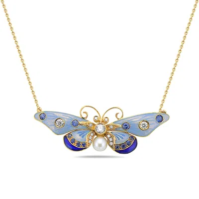 Artisan Women's Natural Blue Sapphire & Diamond Butterfly Necklace In Gold