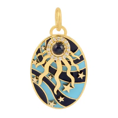 Artisan Women's Natural Blue Sapphire Diamond Enamel Sunburst Necklace In 14k Gold