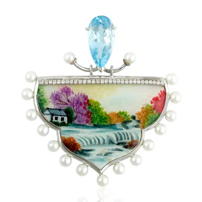 Artisan Women's Natural Diamond Enamel Pendant Mother Of Pearl Topaz In White Gold In Blue