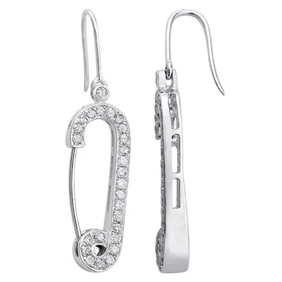 Artisan Women's Natural Diamond Safety Pin Earrings In White Gold 925 Silver
