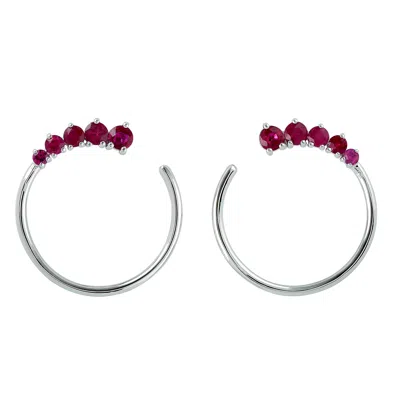Artisan Women's Natural Ruby  Designer Hoop Earrings 18k White Gold In Metallic