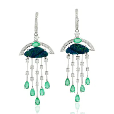 Artisan Women's Opal Doublet & Emerald Gemstone Pave Diamond Dangle Earrings In White Gold