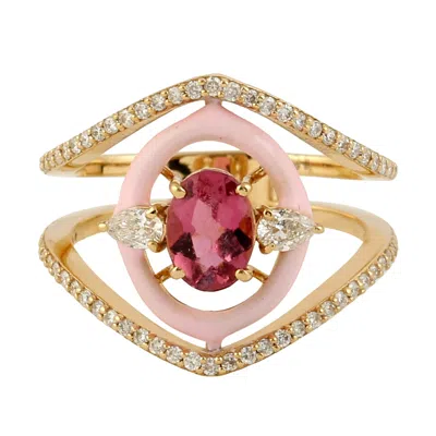 Artisan Women's Orange / Gold 18k Gold Pink Tourmaline & Diamond Enamel Cocktail Ring