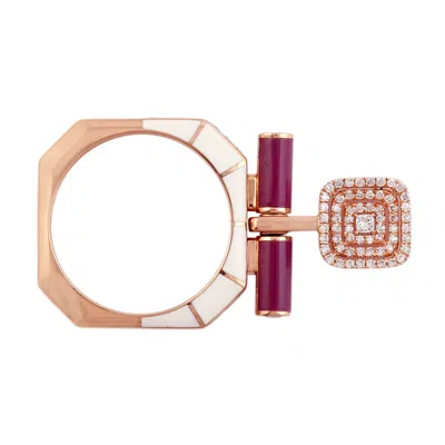 Artisan Women's Orange / White / Red 18k Rose Gold With Natural Diamond Enamel Band Ring