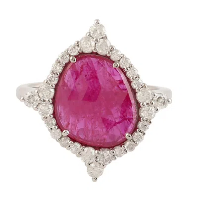 Artisan Women's Orange / White Ruby & Diamond Designer Cocktail Ring In 18k White Gold In Metallic