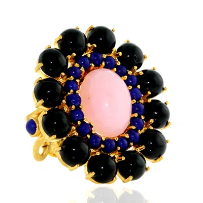 Artisan Women's Oval Cut Opal & Lapis With Onyx Gemstone In 18k Yellow Gold Cocktail Ring In Multi