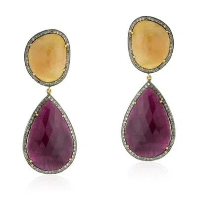 Artisan Women's Pave Diamond 14k Gold Sapphire Pear Shape Dangle Earrings Silver In Pattern
