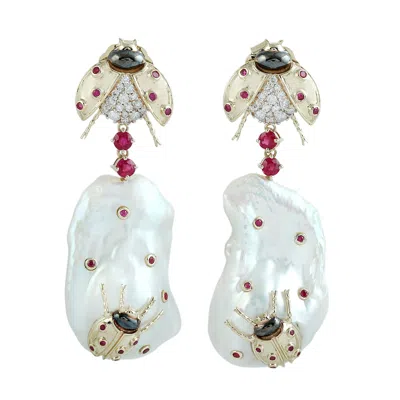 Artisan Women's Pearl Chinese & Ruby Gemstone Pave Diamond Insect Dangle Earrings In Gold