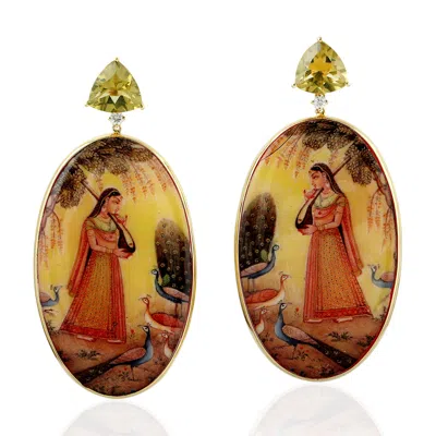 Artisan Women's Picture Bakelite Earrings With Lemon Quartz, Diamond & 18k Yellow Gold