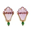 Artisan Women's Pink / Green Carved Mixed Gemstone & Tsavorite Diamond Earrings In 18k Gold In Gold