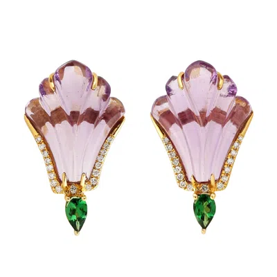 Artisan Women's Pink / Green Carved Mixed Gemstone & Tsavorite Diamond Earrings In 18k Gold