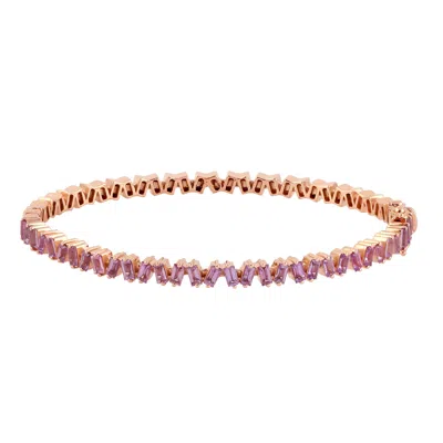 Artisan Women's Pink / Purple 14k Rose Gold & Baguette Pink Sapphire Gemstone Prong Designer Bangle In Gray