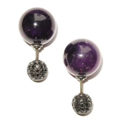 Artisan Women's Pink / Purple / Black Black Diamond & Amethyst Double Side Tunnel Earrings In Yellow Gold