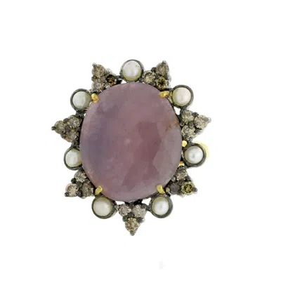 Artisan Women's Pink / Purple / Gold Sapphire & Pearl With Diamond In 18k Gold 925 Silver Cocktail Ring