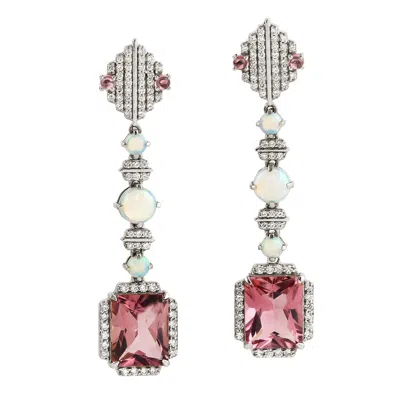 Artisan Women's Pink / Purple / White Ethiopian Opal & Pink Tourmaline Drop Earrings With Pave Diamonds In W In Multi