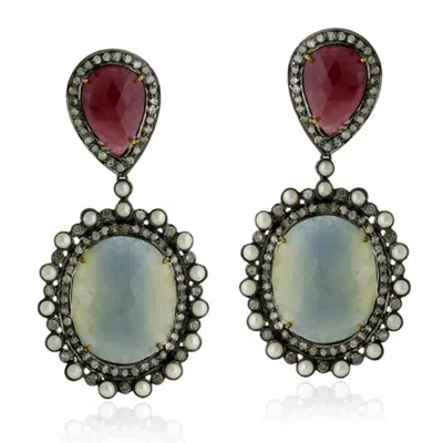 Artisan Women's Pink / Purple / White Multi Sapphire Pearl Dangle Earrings Gold Pave Diamond Silver Jewelry In Burgundy