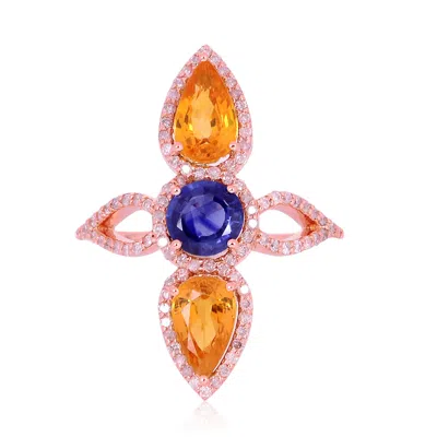 Artisan Women's Pink Rose Gold Three-stone Ring With Multicolor Sapphires & Pavé Diamonds
