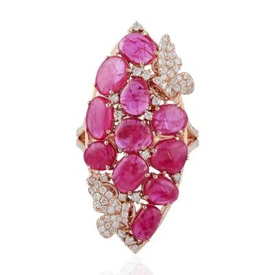 Artisan Women's Pink / Rose Gold / White Statement Marquise Ruby & Diamond Butterfly Ring In 18k Rose Gold In Metallic