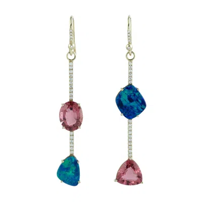 Artisan Women's Pink Tourmaline, Opal & Diamond Drop Earrings In 14k Yellow Gold