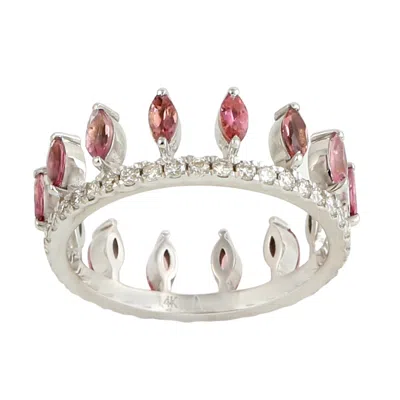 Artisan Women's Pink / White 14k White Gold Marquise Pink Tourmaline And Diamond Crown Ring In Multi
