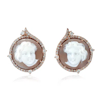 Artisan Women's Pink / White 18k Rose Gold Stud Earrings With Shell Cameos & Diamonds