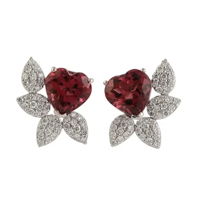 Artisan Women's Pink / White 18k White Gold Pink Tourmaline & Diamond Heart Earrings In Metallic