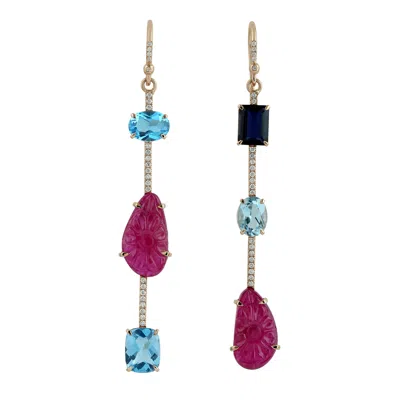 Artisan Women's Pink / White Carved Ruby & Topaz Iolite Diamond Ear Hook Earrings In Rose Gold In Gray