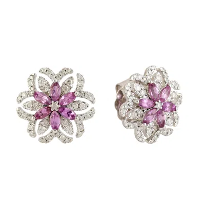 Artisan Women's Pink / White Classic Natural Pink Sapphire & Diamond Stud Earrings In White Gold In Metallic