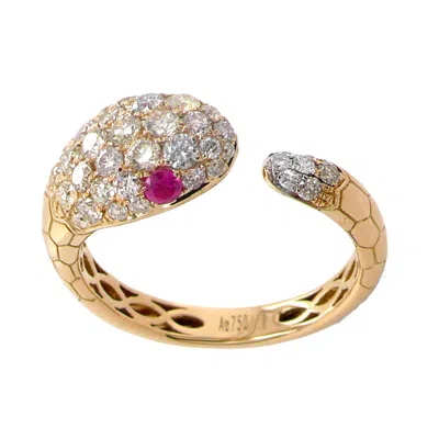 Artisan Women's Pink / White / Gold 18k Yellow Gold Diamond Snake Bypass Ring With Ruby Eye