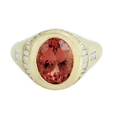 Artisan Women's Pink / White / Gold Pink Tourmaline Dome Ring With Baguette Diamonds In Gold In Multi