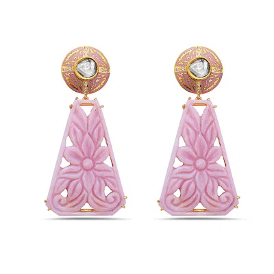 Artisan Women's Pink / White / Gold Uncut Diamond & Carved Opal Drop Earrings In 18k Yellow Gold In Multi