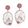 Artisan Women's Pink / White / Rose Gold 18k Rose Gold Flower Earrings Carving Shell Cameos & Ruby Pave Diam In Pink