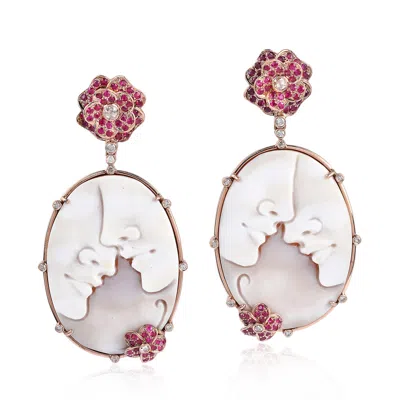Artisan Women's Pink / White / Rose Gold 18k Rose Gold Flower Earrings Carving Shell Cameos & Ruby Pave Diam