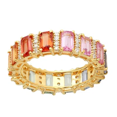 Artisan Women's Rainbow Sapphire & Diamond Bar Set Eternity Band Ring In 18kt Yellow Gold