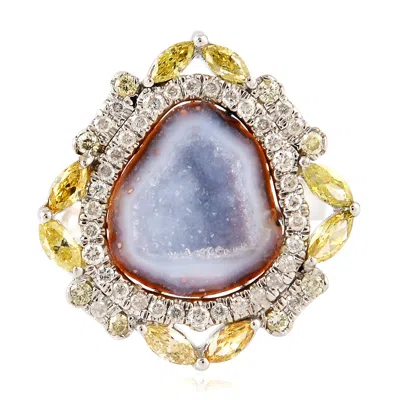 Artisan Women's Raw Geode Gemstone Ring In White Gold – Pave Diamond Cocktail Statement