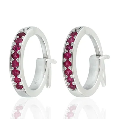 Artisan Women's Red / White Designer Ruby Minimal Huggie Earrings In 10k White Gold In Silver