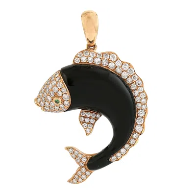 Artisan Women's Rose Gold / Black / White Carved Onyx Gemstone & Diamond Fish Design Pendant In Rose Gold