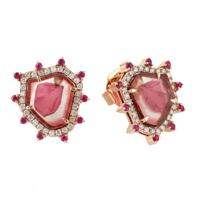Artisan Women's Rose Gold / Pink / Red Designer Melon Tourmaline And Ruby Diamond Studs In Rose Gold