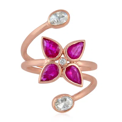 Artisan Women's Rose Gold / Red / White Rose Cut Diamond Ruby 18k Rose Gold Flower Design Ring In Neutral