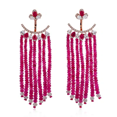 Artisan Women's Rose Gold Ruby & Sapphire Ice Diamond Tassel Ear Jacket Earrings With Beaded Drops In Red