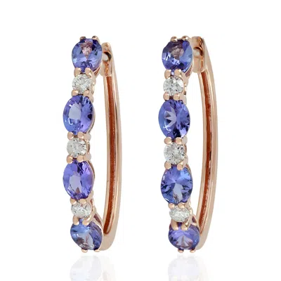 Artisan Women's Rose Gold / White / Blue Tanzanite Huggie Earrings 18k Rose Gold Diamond Handmade Jewelry