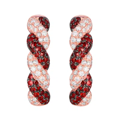 Artisan Women's Rose Gold / White / Red 14k Rose Gold Garnet & Diamond Twisted Hoop Earrings
