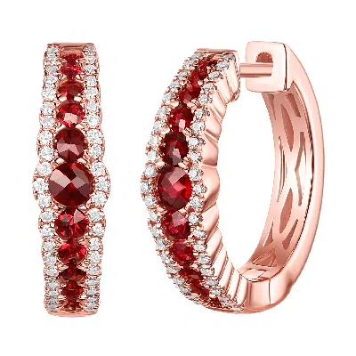 Artisan Women's Rose Gold / White / Red 14k Rose Gold Pave Garnet & Diamond Hoop Earrings