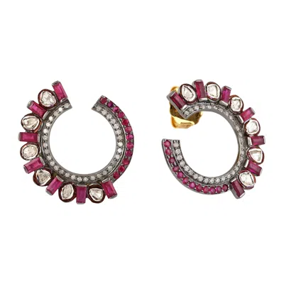 Artisan Women's Ruby & Diamond Hoop Earrings In 18k Gold & Silver
