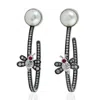Artisan Women's Ruby & Pearl Pave Diamonds In White Gold Honey Bee Hoop Earrings