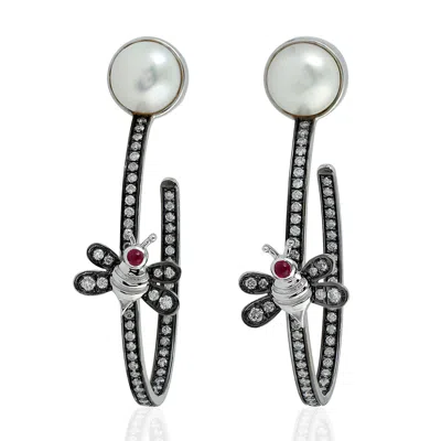 Artisan Women's Ruby & Pearl Pave Diamonds In White Gold Honey Bee Hoop Earrings