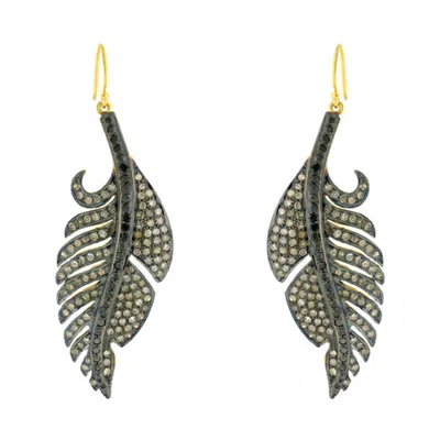 Artisan Women's Silver / Gold / White Natural Diamond Pave Feather Dangle Earrings In 925 Silver With 18k Ye In Gray