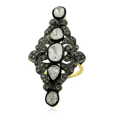 Artisan Women's Silver / Gold / White Uncut Diamond In 14k Gold Sterling Silver Indian Ethnic Long Ring In Silver/gold/white