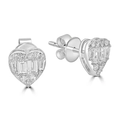 Artisan Women's Tapered Baguette Cut Diamond Heart Earrings In White Gold